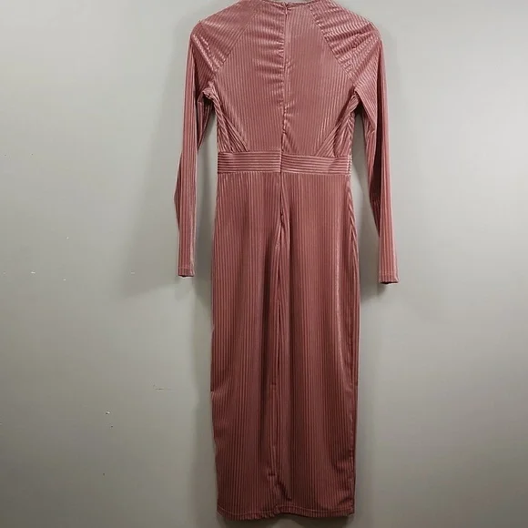 Dynamite Pink Ribbed Velvet Midi Dress – Long Sleeve Bodycon - Picture 3 of 15